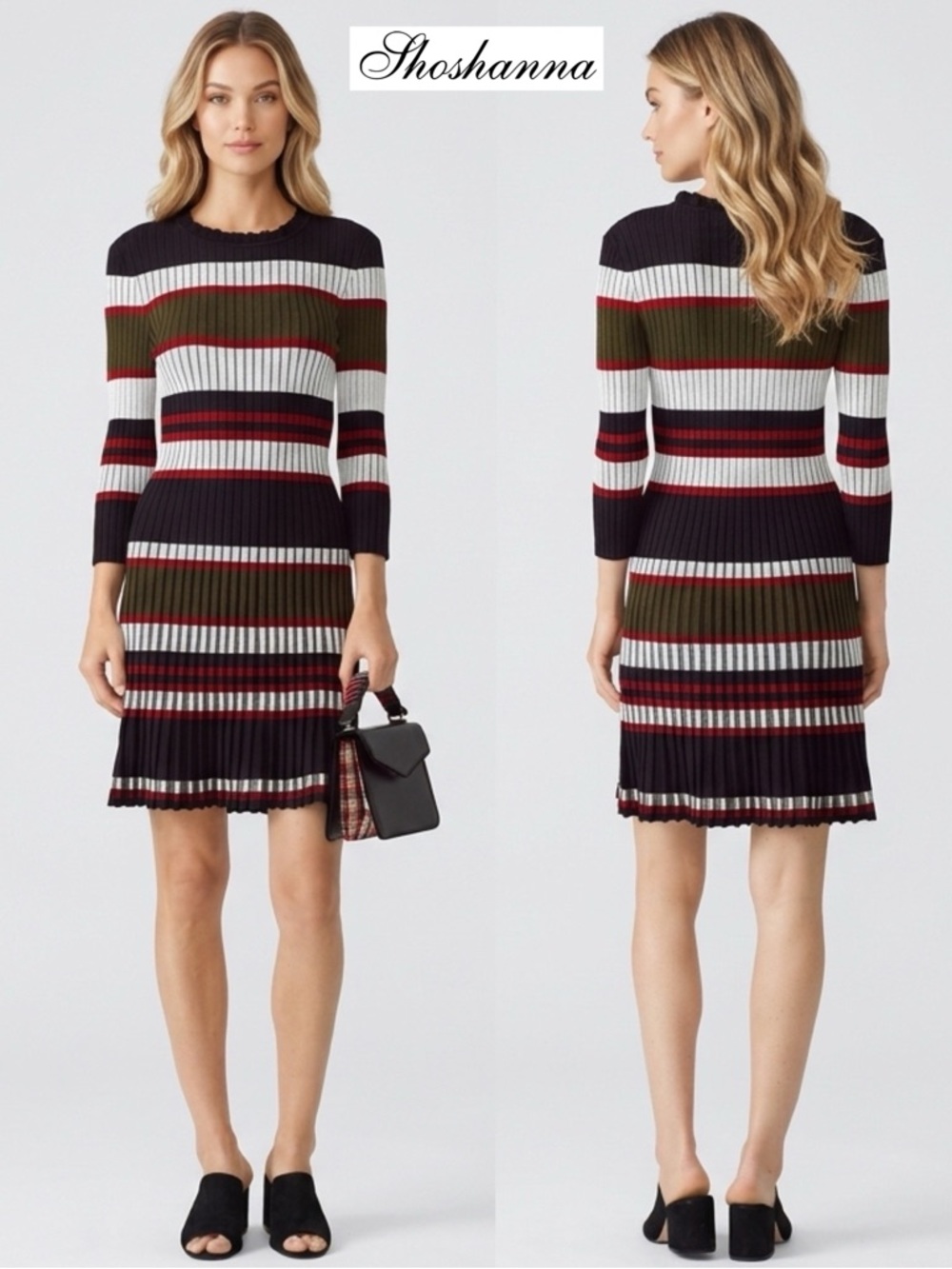 Shoshanna Rosita Ribbed Knit Fit & Flare Dress Striped Black Multi Small Preppy